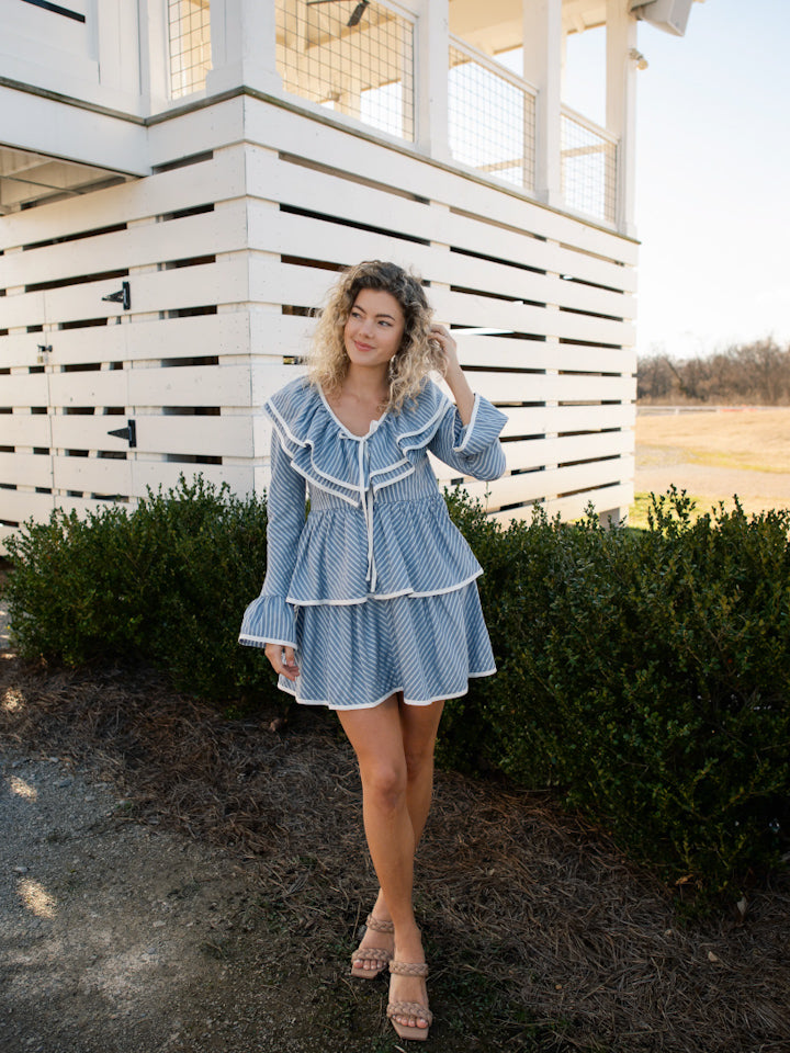 Elle Striped Tiered Mini Dress - Blue Elle Striped Tiered Mini Dress - Blue