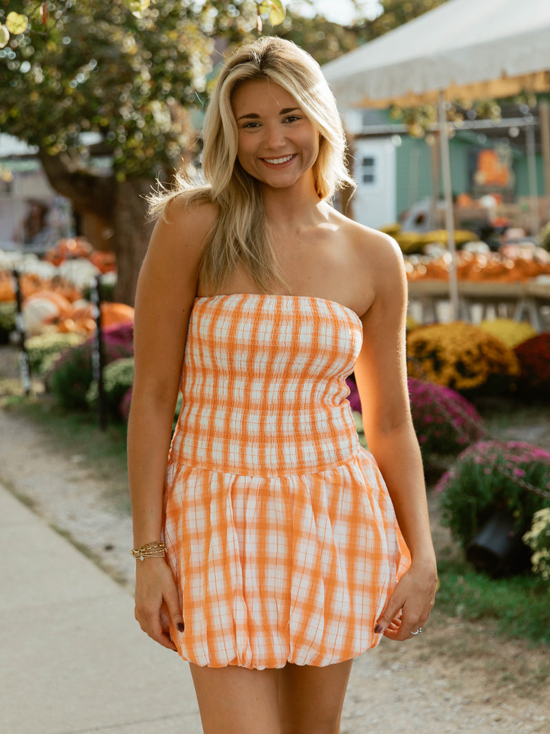 Sweet Citrus Smocked Mini Dress | Orange Plaid