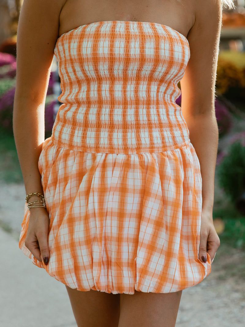 Sweet Citrus Smocked Mini Dress | Orange Plaid