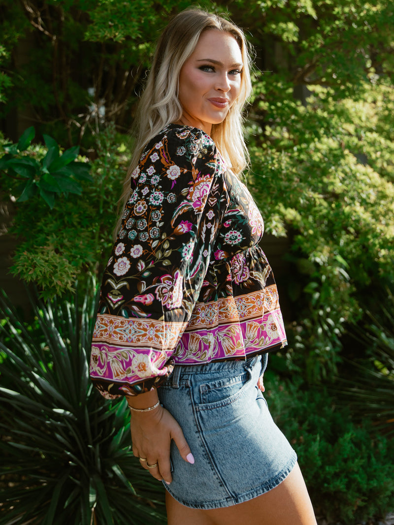 Midnight Garden Boho Top | Black Multi