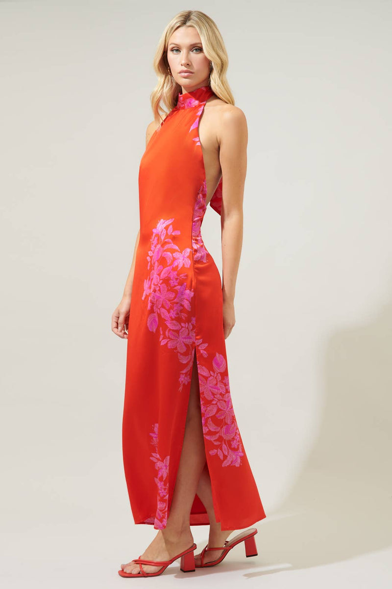 Tropical Inferno Satin Halter Maxi Dress