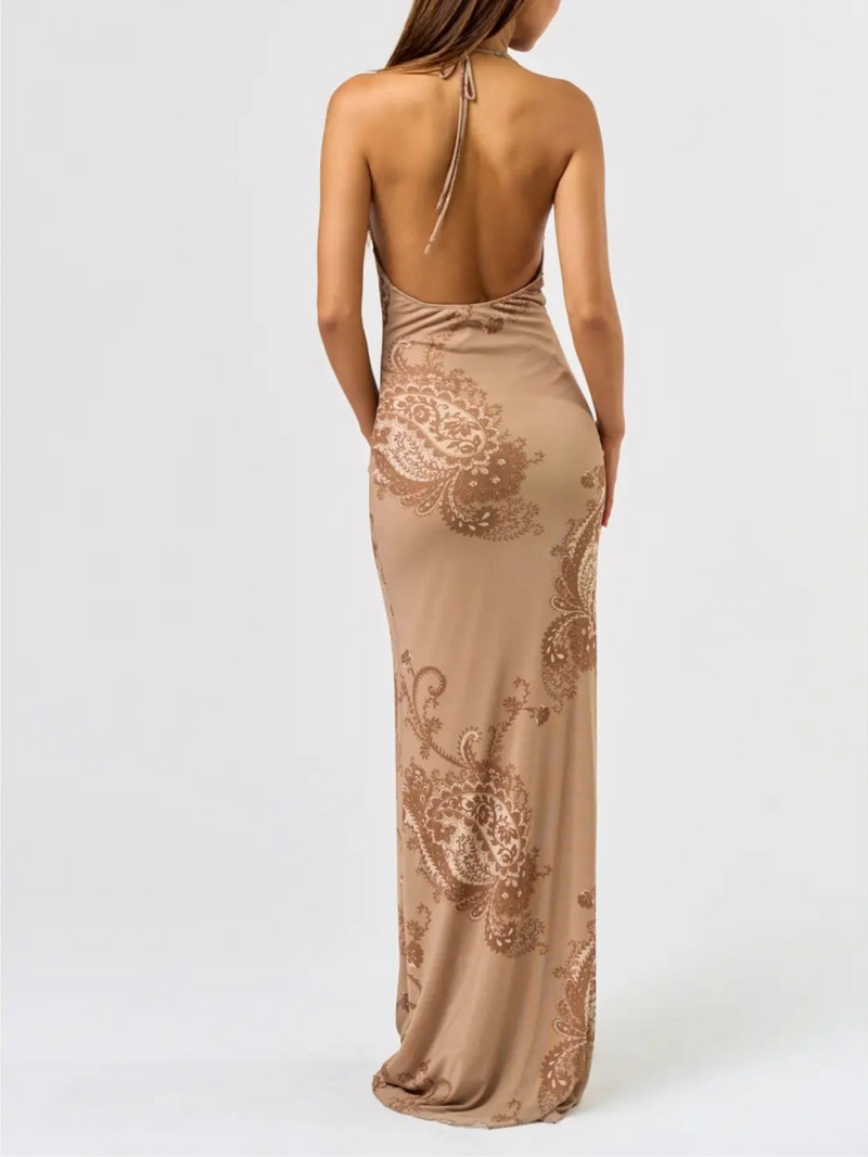 Cowl Halter Maxi Dress | Mocha Paisley