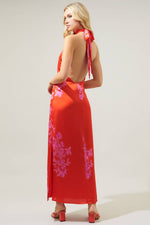 Tropical Inferno Satin Halter Maxi Dress