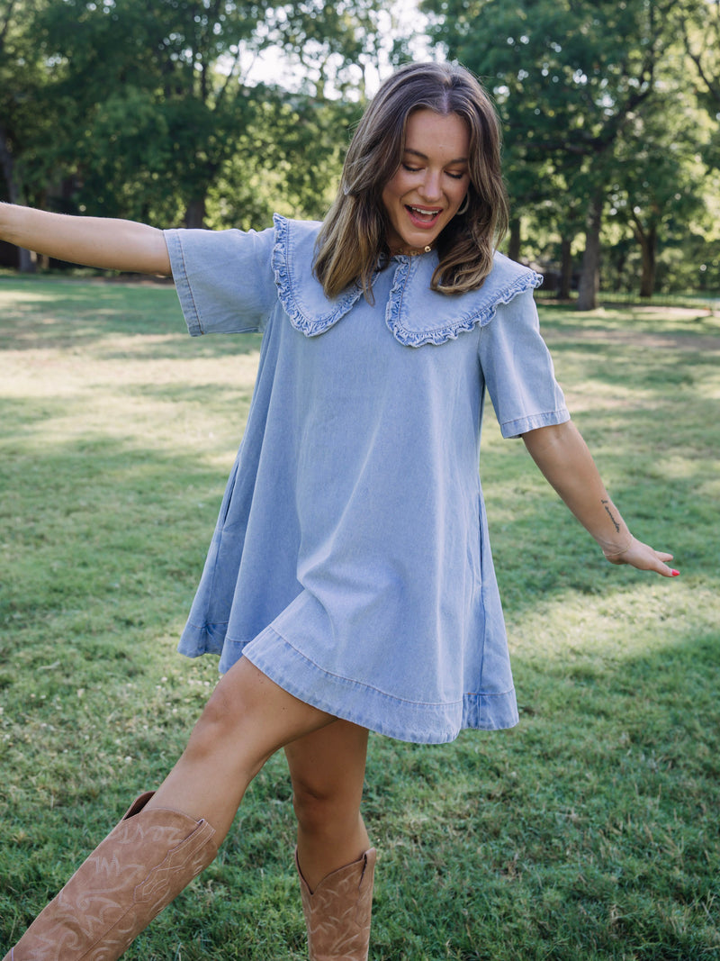 Darling Denim Short Dress with Ruffled Sailor Collar