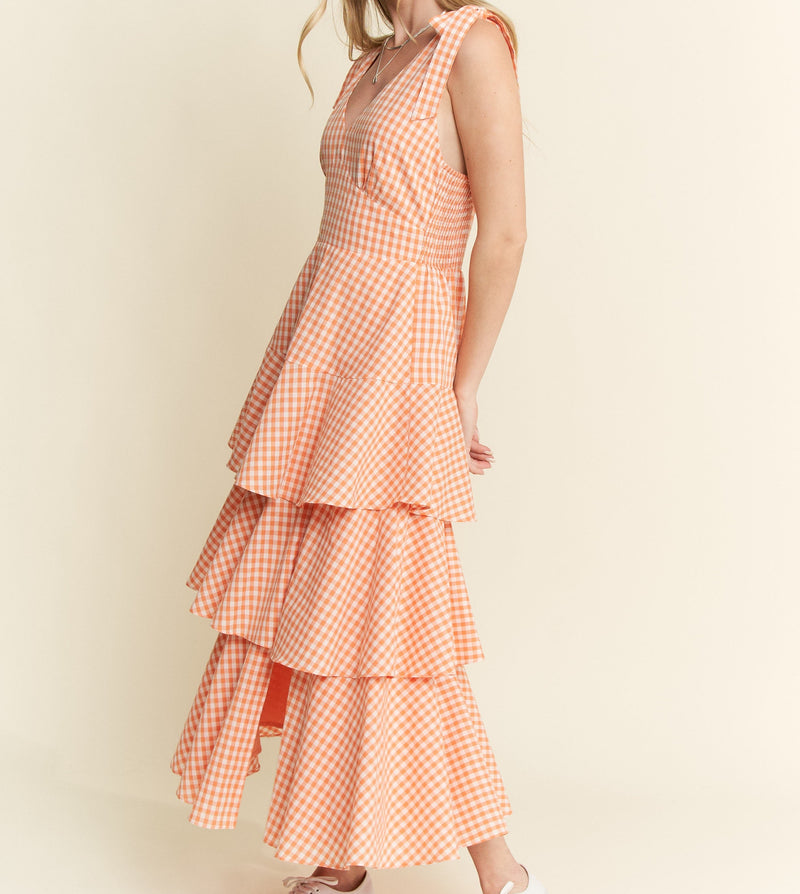 Picnic Party Dress | Gingham Tiered Midi | Orange