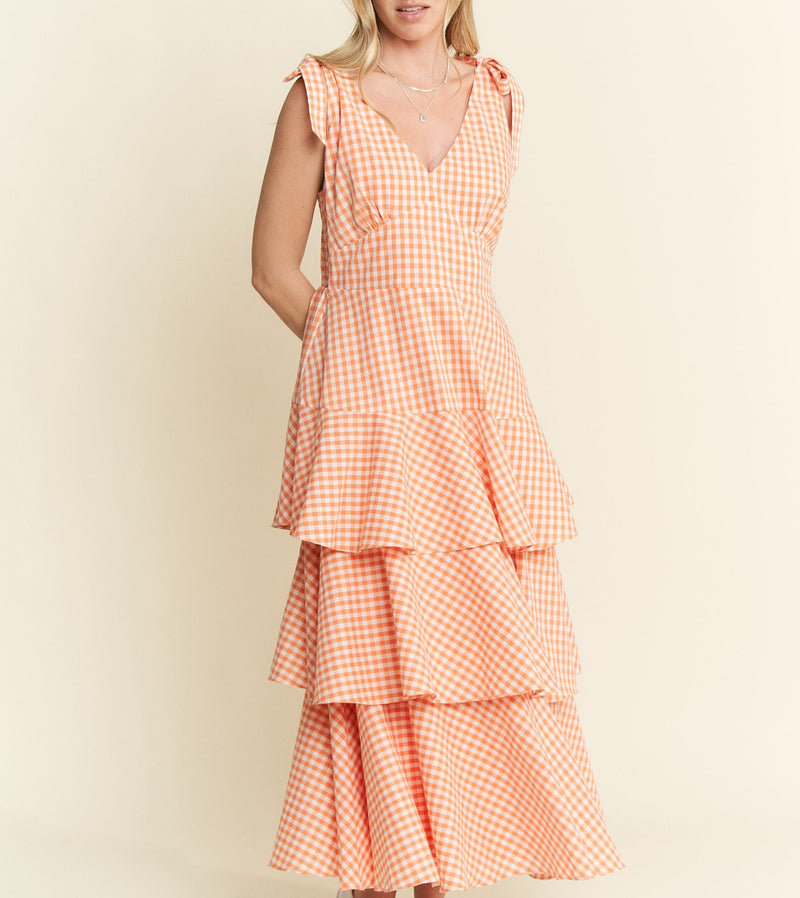 Picnic Party Dress | Gingham Tiered Midi | Orange