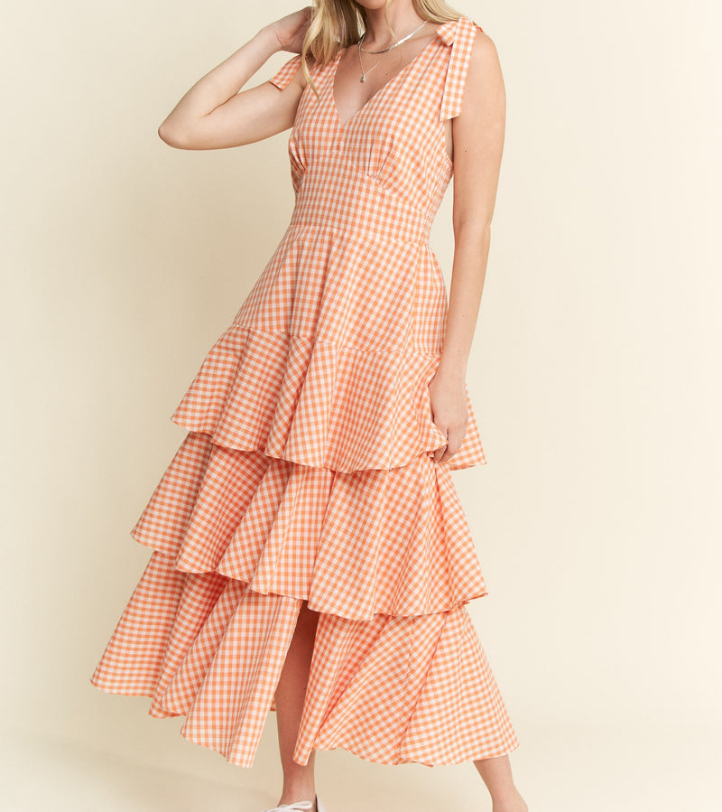 Picnic Party Dress | Gingham Tiered Midi | Orange