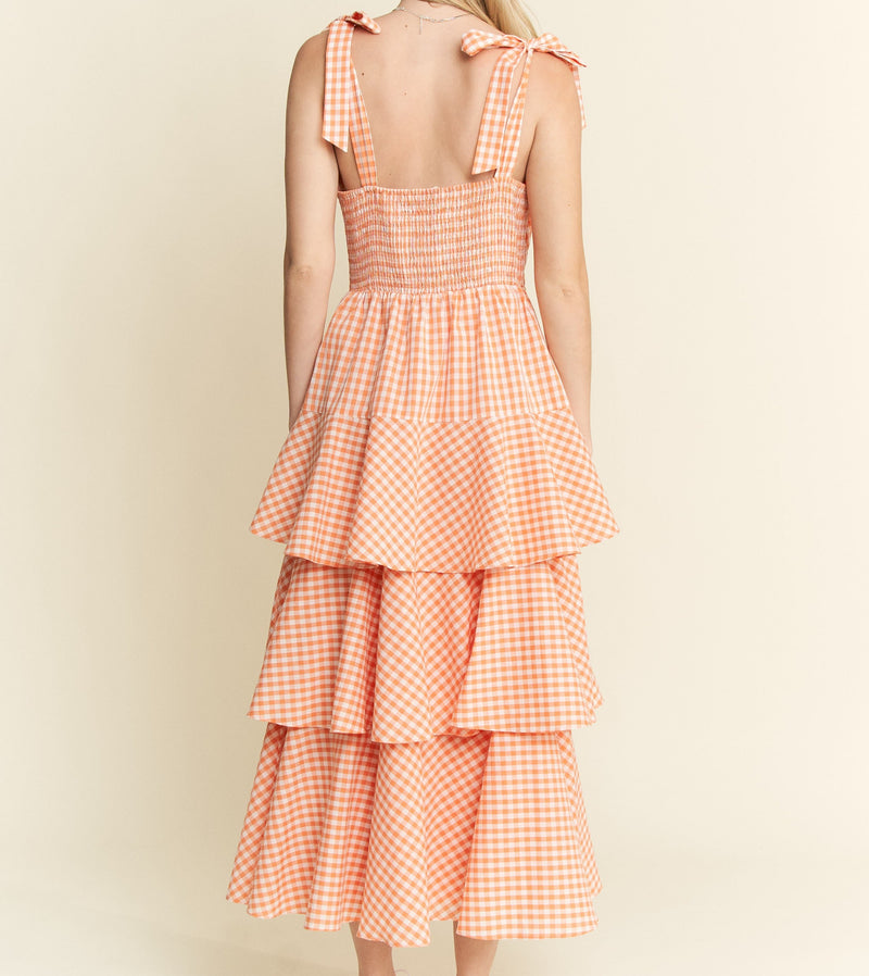 Picnic Party Dress | Gingham Tiered Midi | Orange