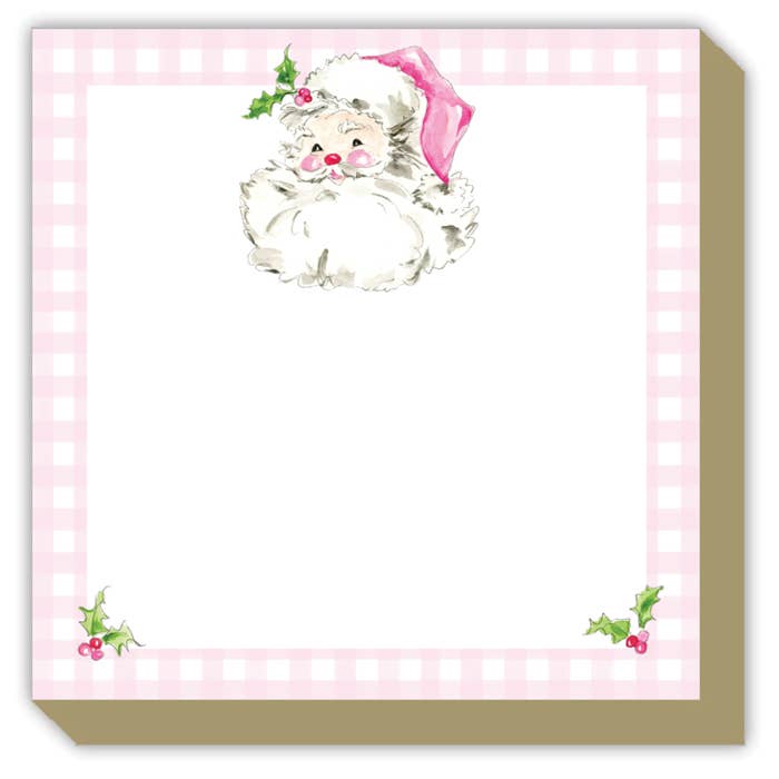 Handpainted Pink Santa with Gingham Border Luxe Notepad by Rosanne Beck