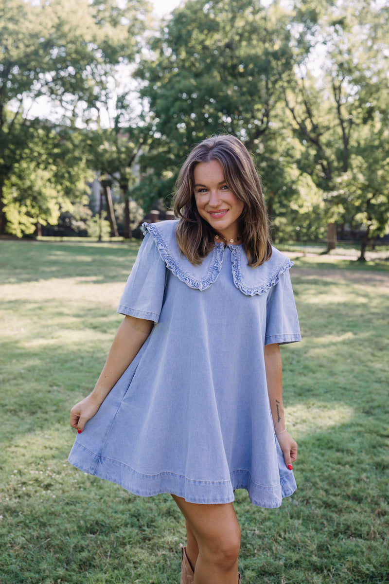 Darling Denim Short Dress with Ruffled Sailor Collar