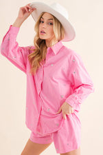 Lana Rhinestone Button Up Top - Pink