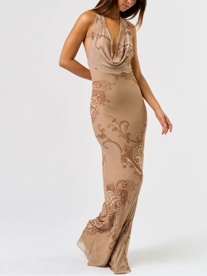 Cowl Halter Maxi Dress | Mocha Paisley