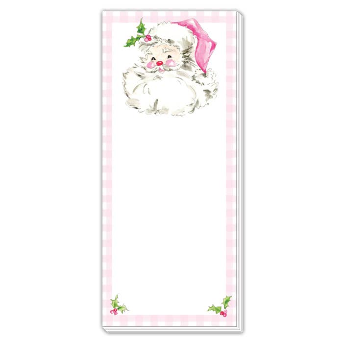 Pink Santa with Gingham Border Skinny Notepad by Rosanne Beck