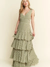 Picnic Party Dress | Gingham Tiered Midi | Olive Green