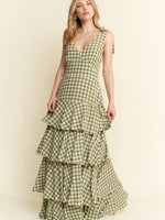Picnic Party Dress | Gingham Tiered Midi | Olive Green