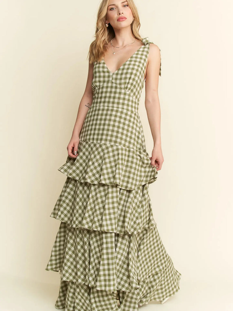Picnic Party Dress | Gingham Tiered Midi | Olive Green