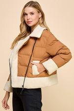 Sherpa Trim Padded Puffer Jacket | Camel