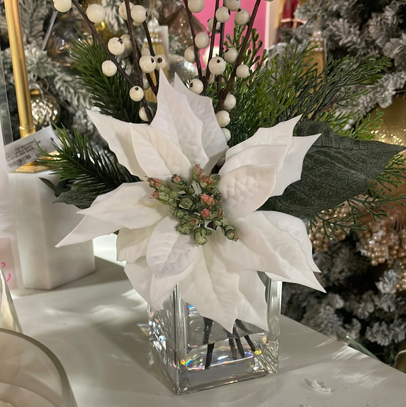 White Poinsettia & Pine in Glass Vase | 11"