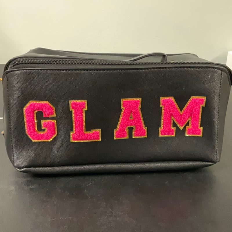 Black & Pink Chenille Letter GLAM Zippered Cosmetic Bag
