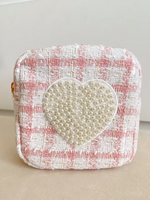Picture of tiny size pink and white plaid tweed zippered pouch with pearl embellished heart patch