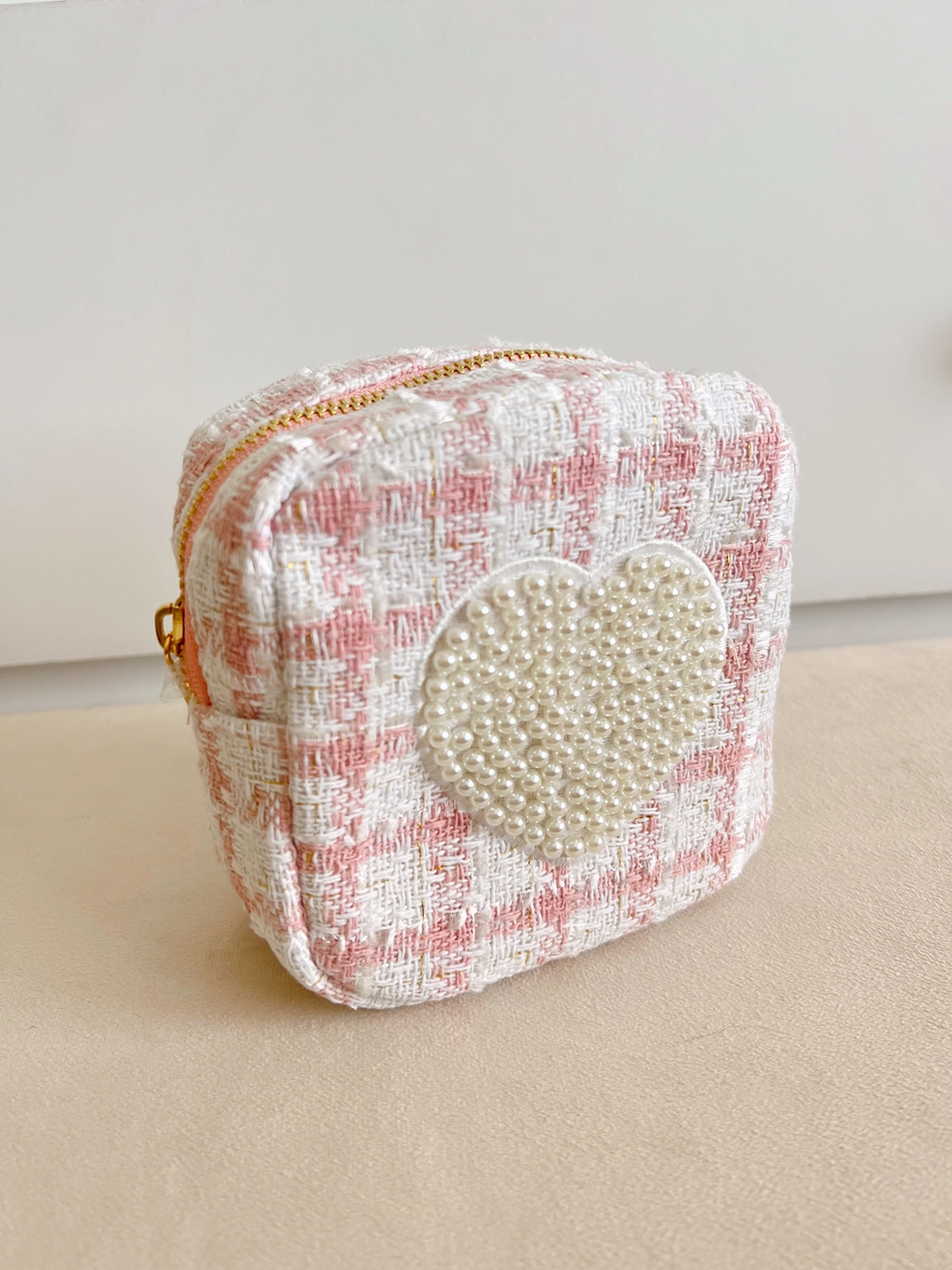 Picture of tiny size pink and white plaid tweed zippered pouch with pearl embellished heart patch