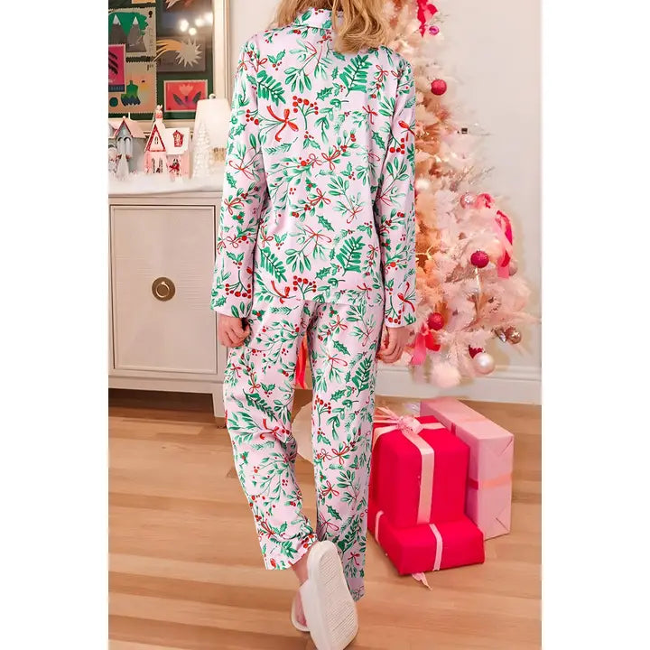 Christmas Floral Top and Pants Pajama Set | Pink + Green