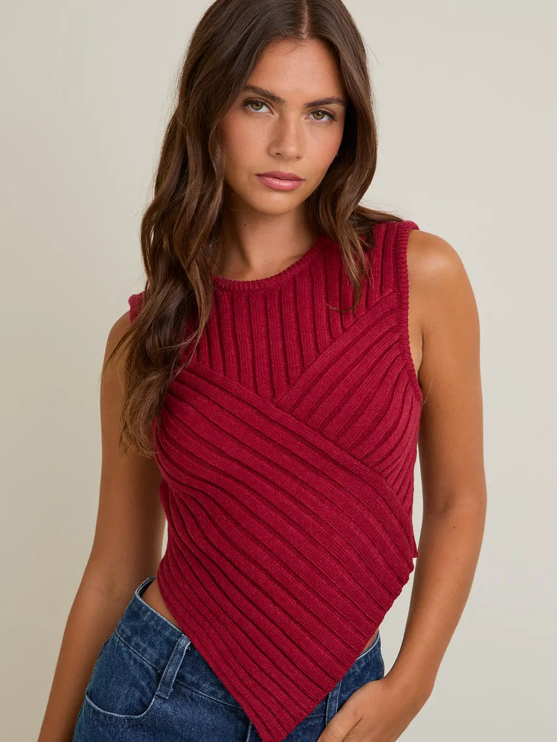Ribbed and Ready Sleeveless Scarf Hem Sweater | Red