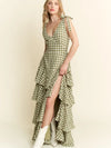 Picnic Party Dress | Gingham Tiered Midi | Olive Green