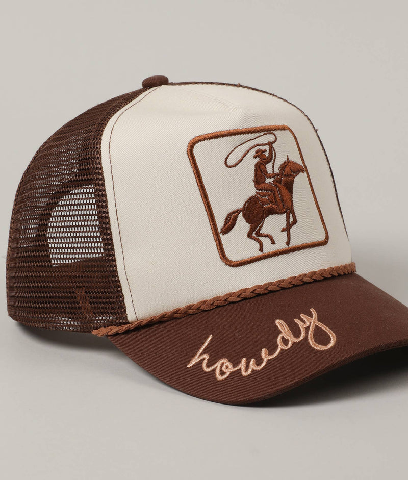 Roper Trucker Hat | Howdy Embroidery | Brown and Tan