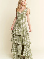 Picnic Party Dress | Gingham Tiered Midi | Olive Green