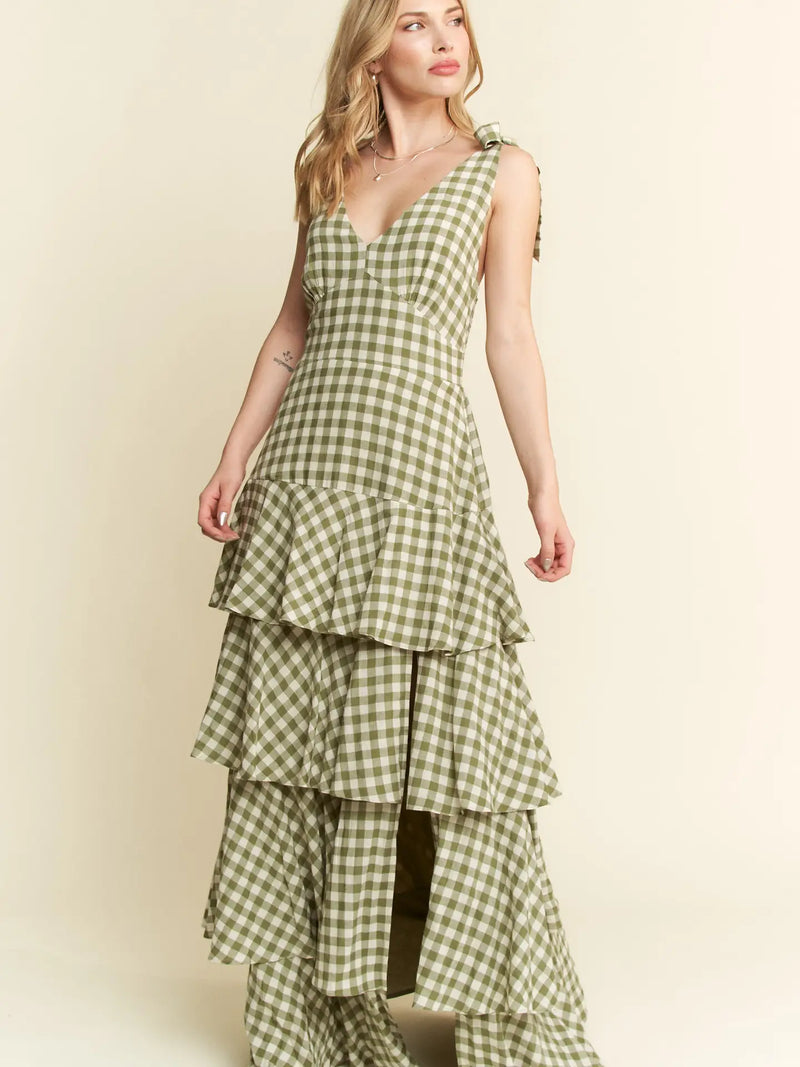 Picnic Party Dress | Gingham Tiered Midi | Olive Green