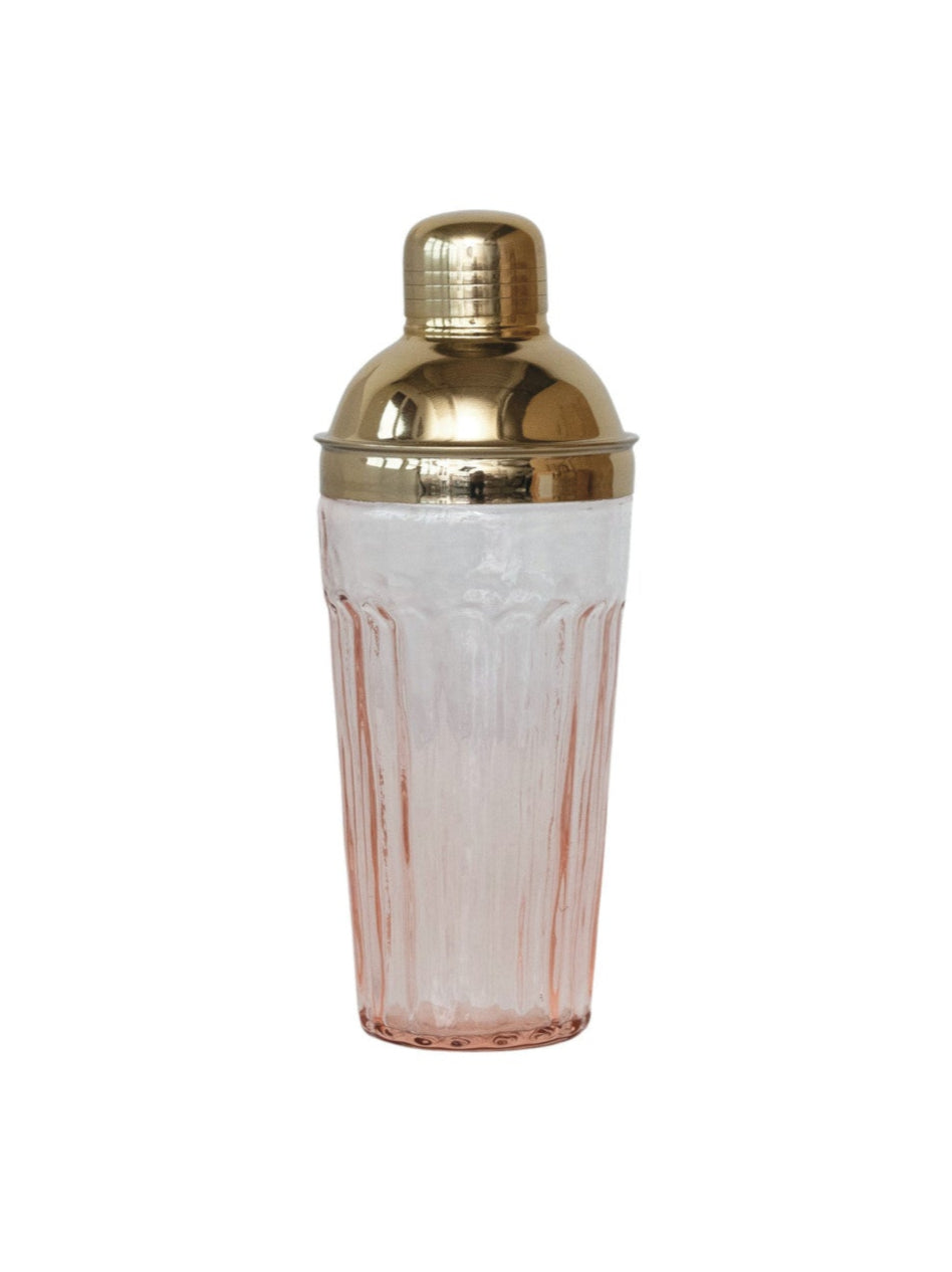 20 oz. Glass Cocktail Shaker w/ Stainless Steel Top, Pink & Gold Finish