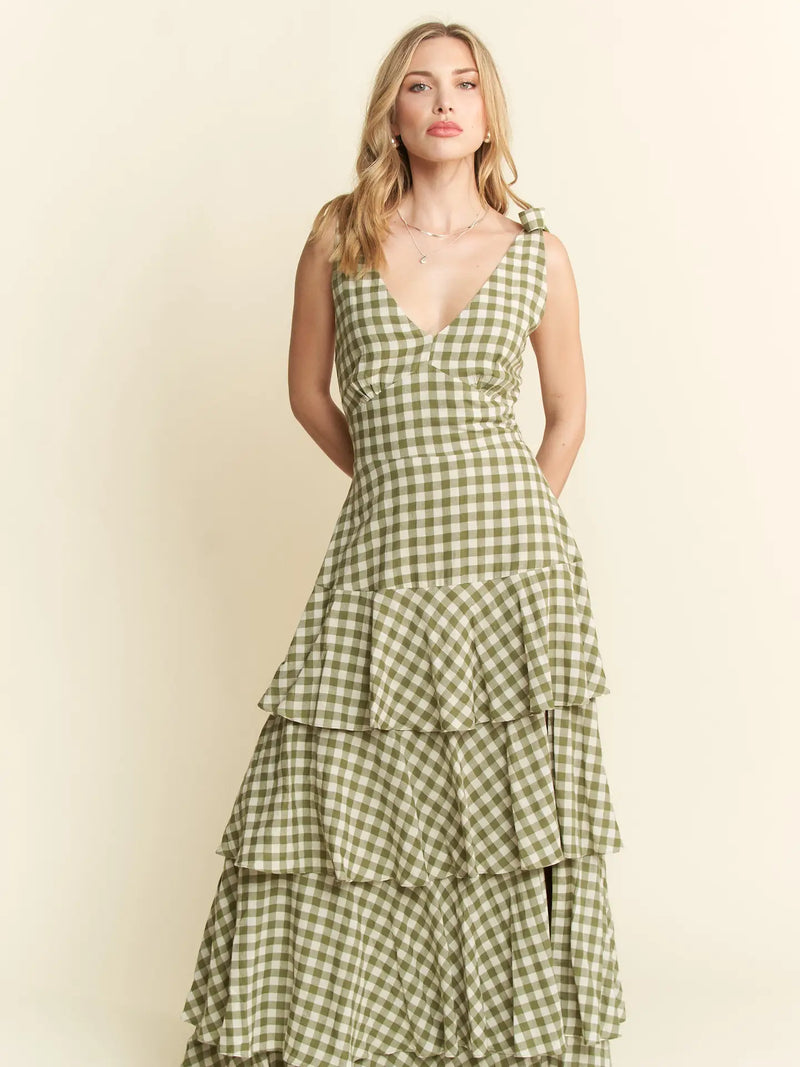 Picnic Party Dress | Gingham Tiered Midi | Olive Green