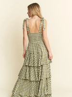 Picnic Party Dress | Gingham Tiered Midi | Olive Green