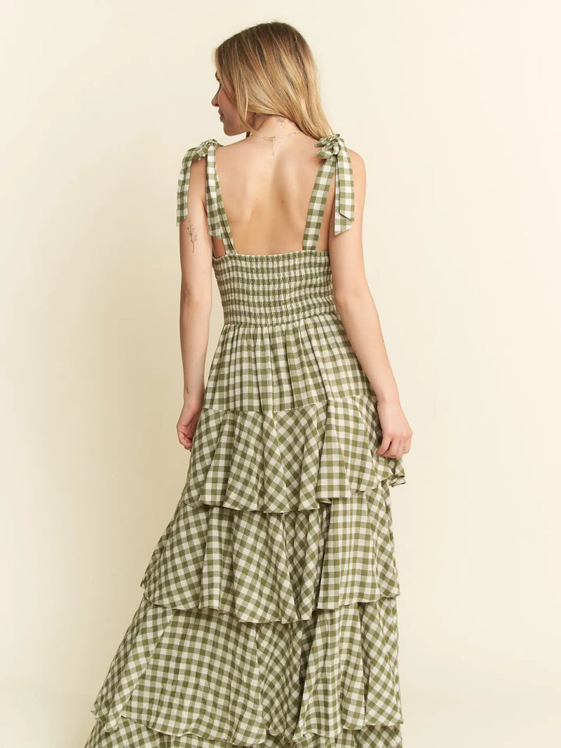 Picnic Party Dress | Gingham Tiered Midi | Olive Green