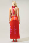 Tropical Inferno Satin Halter Maxi Dress