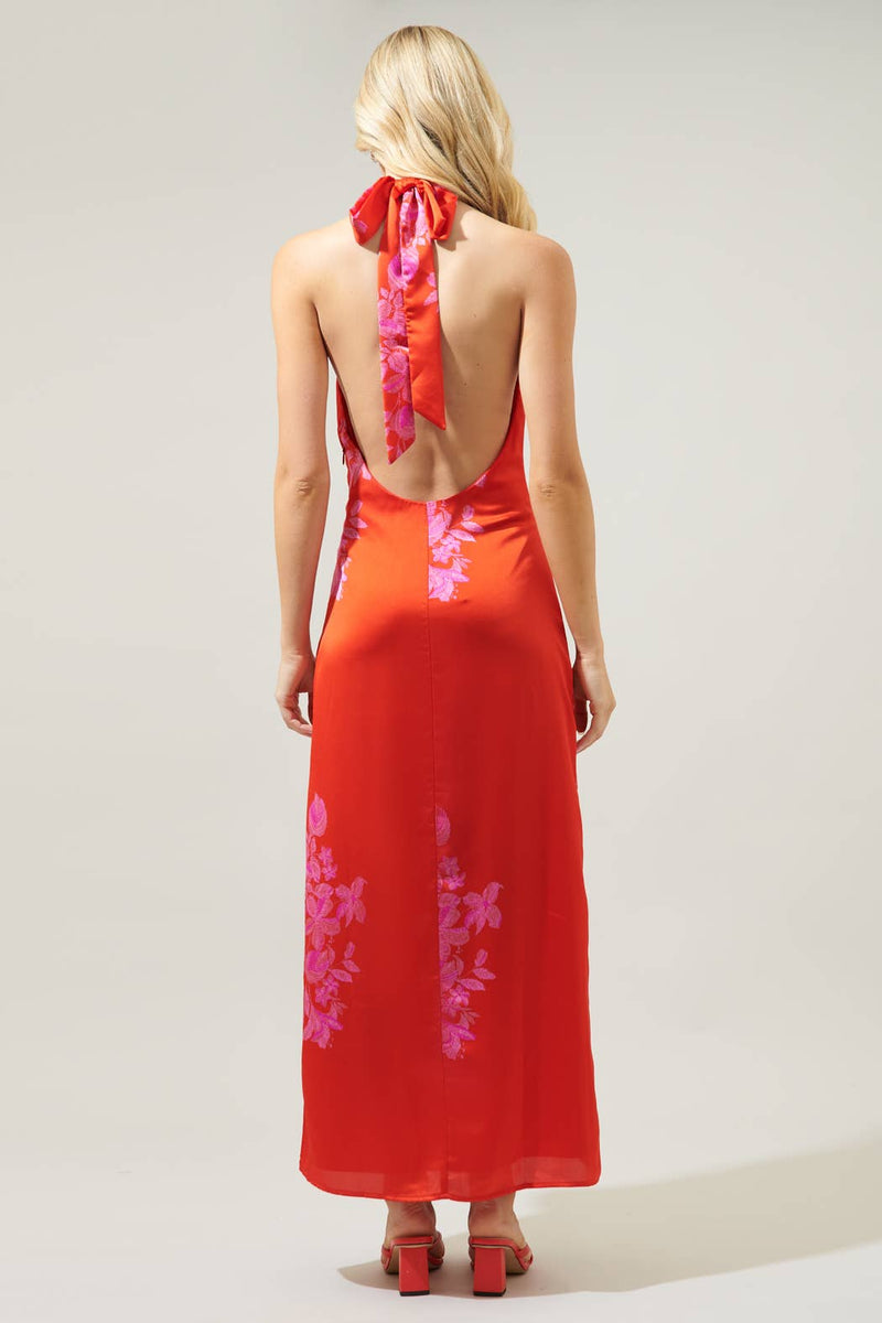 Tropical Inferno Satin Halter Maxi Dress