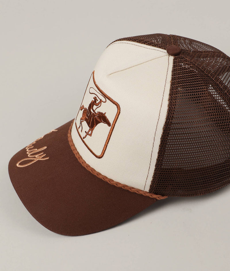 Roper Trucker Hat | Howdy Embroidery | Brown and Tan