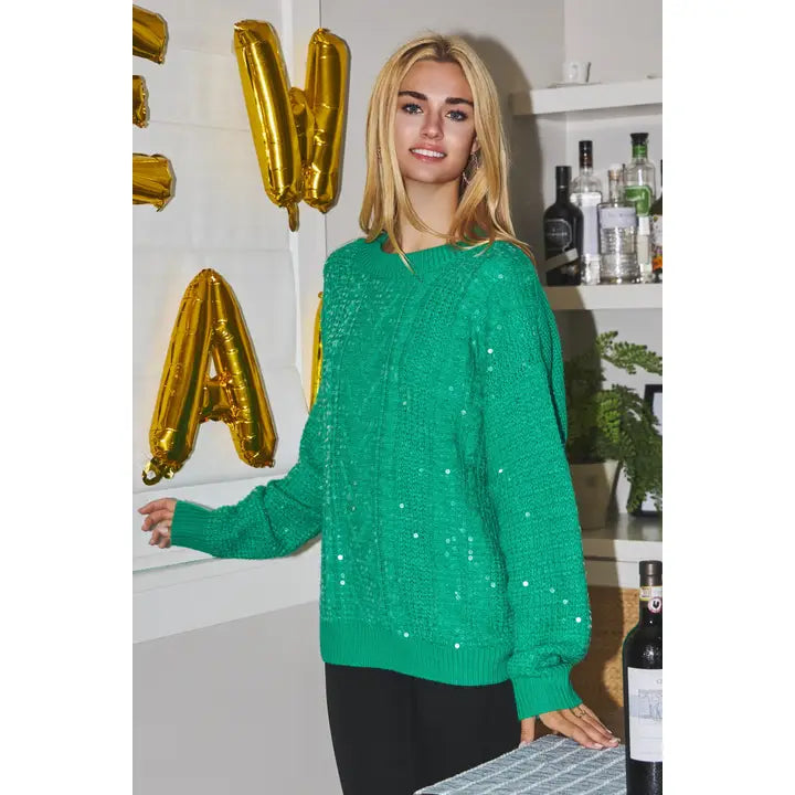 Sequin Knitted Crew Neck Pullover Sweater | Green