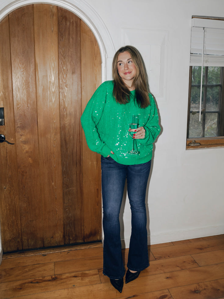 Sequin Knitted Crew Neck Pullover Sweater | Green