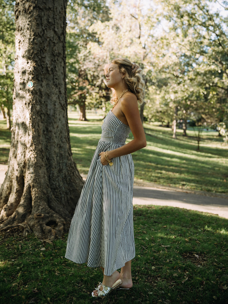 Striped Serenade Strapless Midi Dress | Black & White