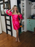 Cerise Satin Draped Off-Shoulder Dress | Hot Pink