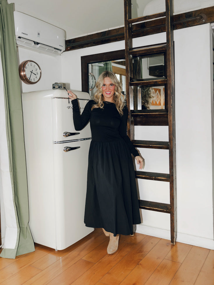 Drop Waist Balletcore Boat Neck Midi Dress | Black Drop Waist Balletcore Boat Neck Midi Dress | Black