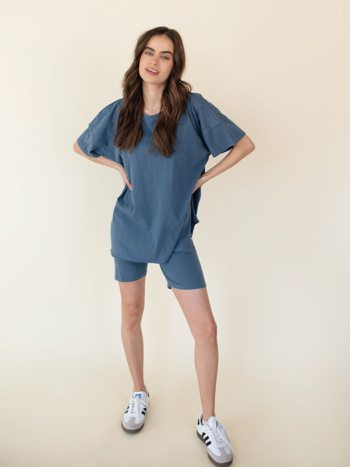 Method Romper with Short Sleeve Knit Top - Blue