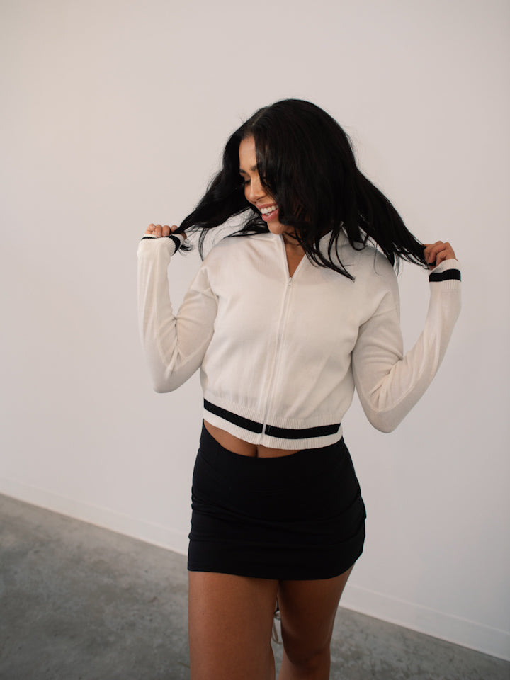 Lightweight Varsity Stripe Cotton Zip Up Jacket - White + Black