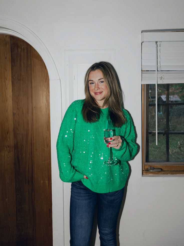 Sequin Knitted Crew Neck Pullover Sweater | Green