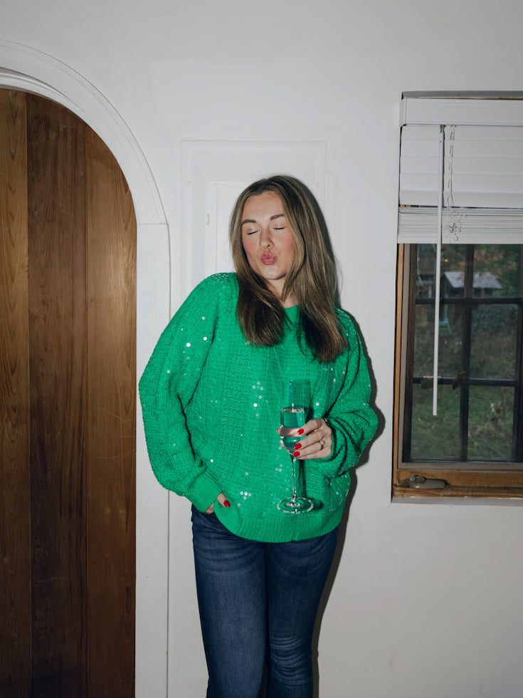 Sequin Knitted Crew Neck Pullover Sweater | Green