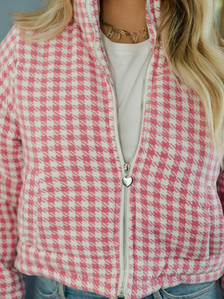 Houndstooth Puffer Jacket | Pink