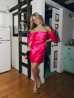 Cerise Satin Draped Off-Shoulder Dress | Hot Pink