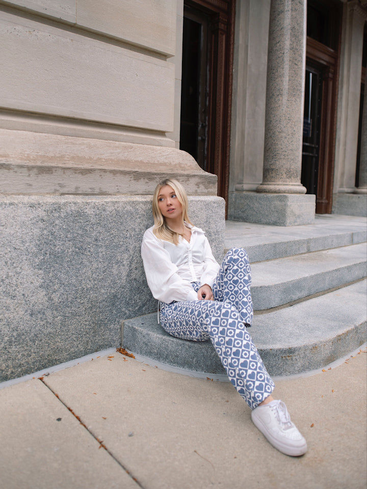Hearts & Flowers High Rise Pants - Blue/Gray & White